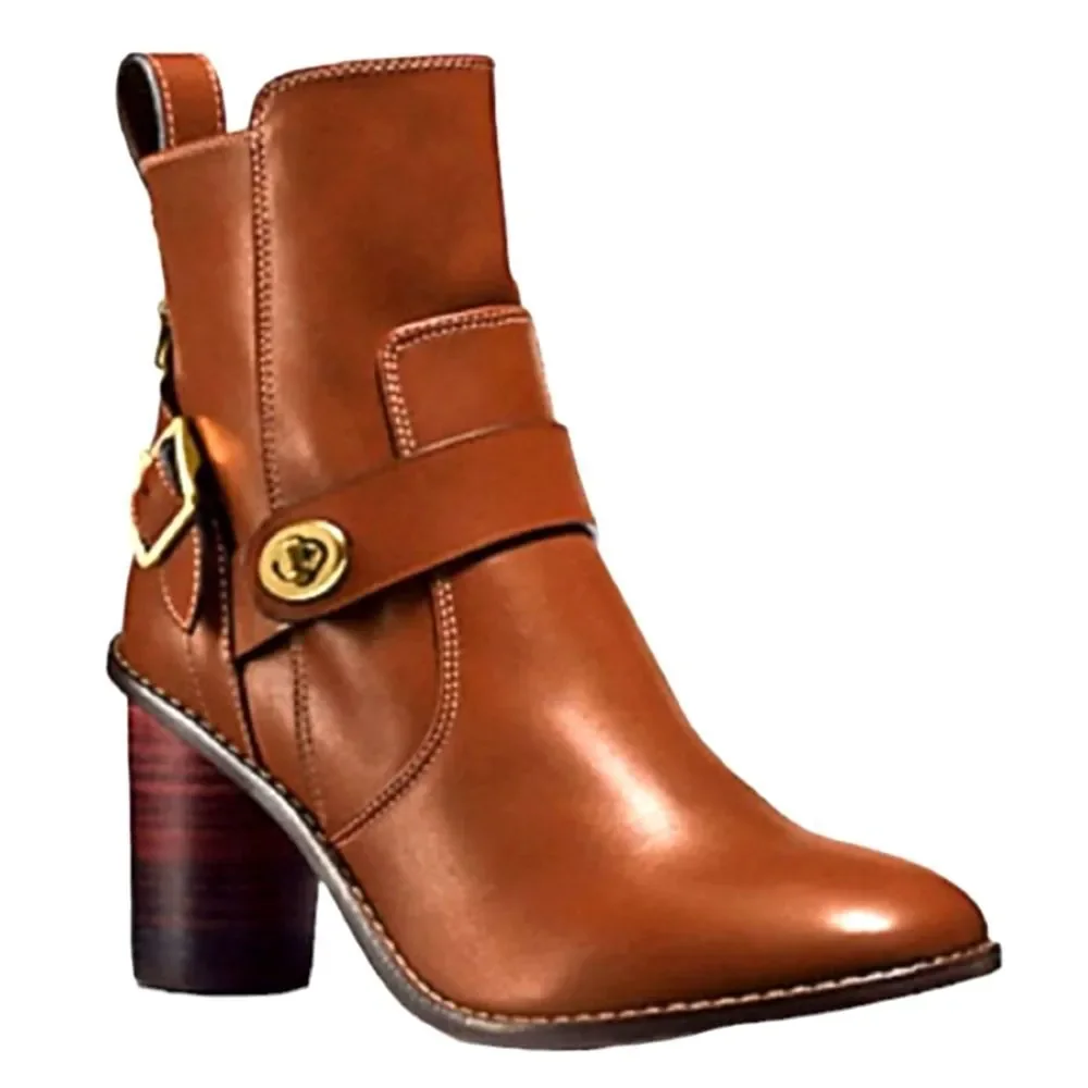 Coach Boots Saddle Leather Heel Gold Buckle Brown Equestrian Boho Indie Lux 5.5